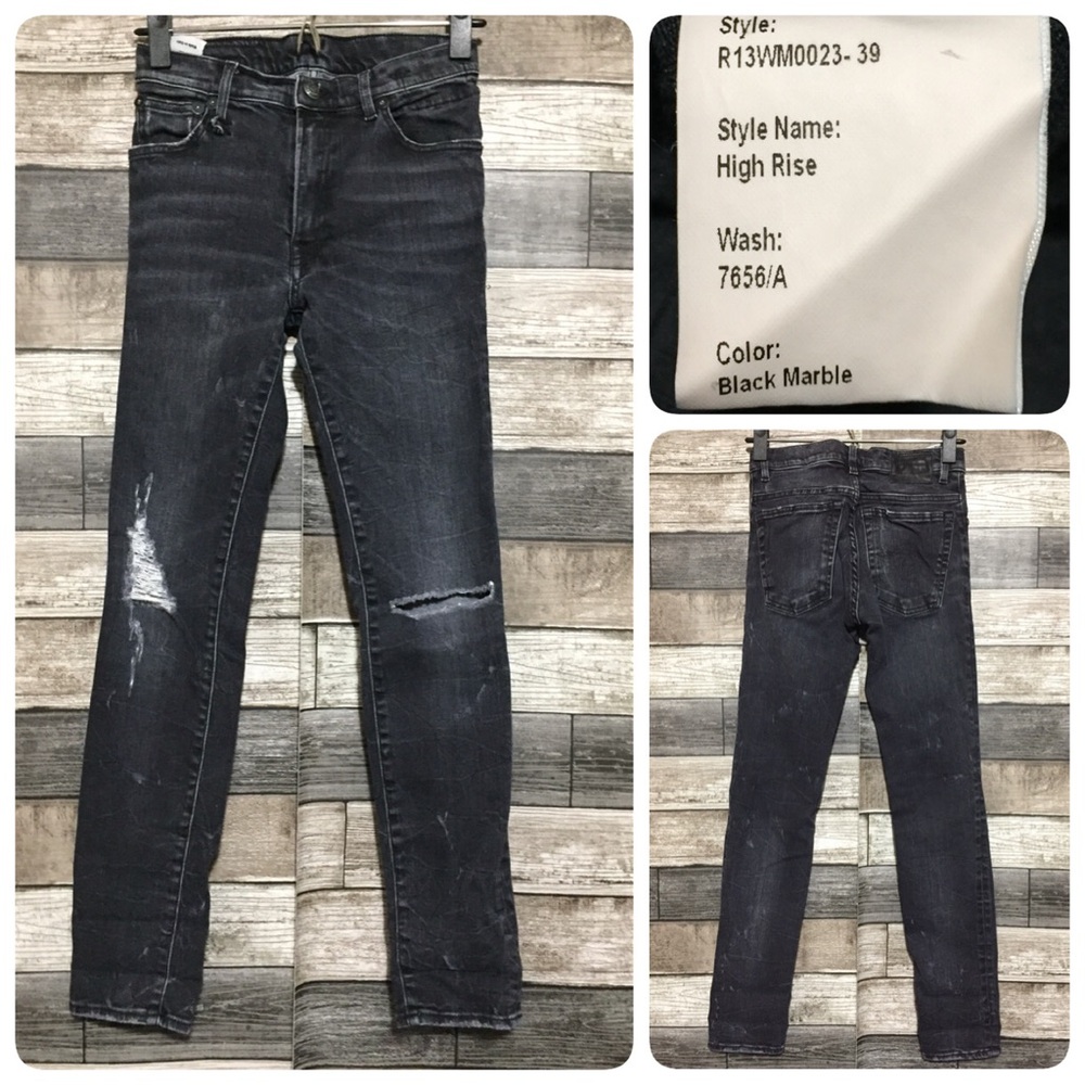 R13 High Rise Jeans Women’s 25 Gray “Black Marble” Distressed Denim Italy